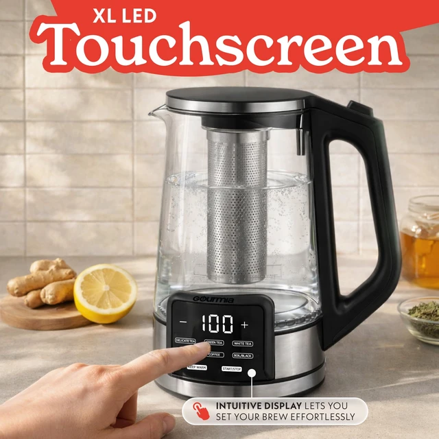 Alt view image 5 of 7 - Electric Glass Kettle - 1.7L Capacity, Digital Display, Black | Tea & Coffee Brewer with Digital Touch Display, 6 Presets, Adjustable Time & Temperature, Removable Stainless Steel Infuser