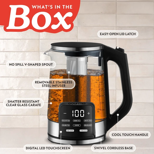 Alt view image 6 of 7 - Electric Glass Kettle - 1.7L Capacity, Digital Display, Black | Tea & Coffee Brewer with Digital Touch Display, 6 Presets, Adjustable Time & Temperature, Removable Stainless Steel Infuser