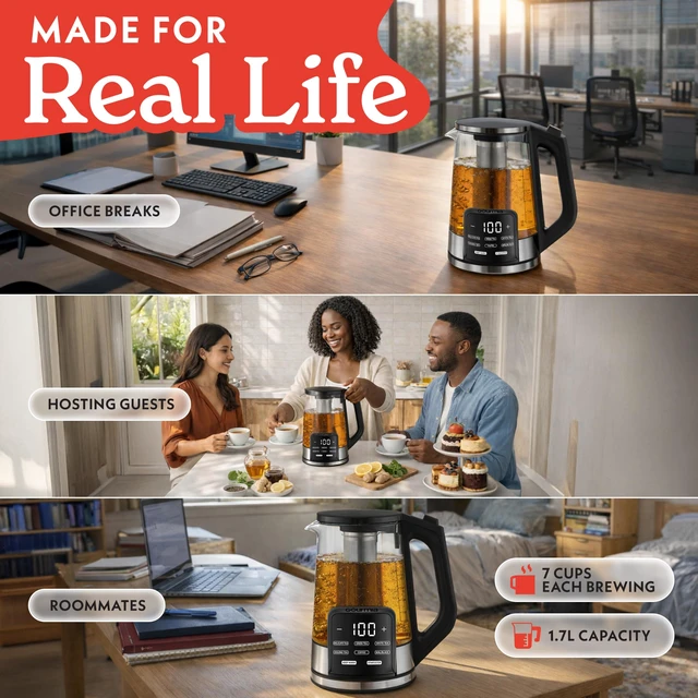 Alt view image 7 of 7 - Electric Glass Kettle - 1.7L Capacity, Digital Display, Black | Tea & Coffee Brewer with Digital Touch Display, 6 Presets, Adjustable Time & Temperature, Removable Stainless Steel Infuser