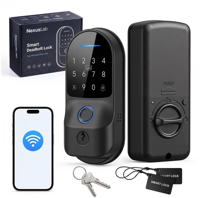 Main image of Smart Lock with Built-in WiFi, Fingerprint Keyless Entry Door Lock with Keypad, Tuya App Remote Access, Temporary Passcodes, Auto Lock, IC Cards and Keys, No Hub Required, Black