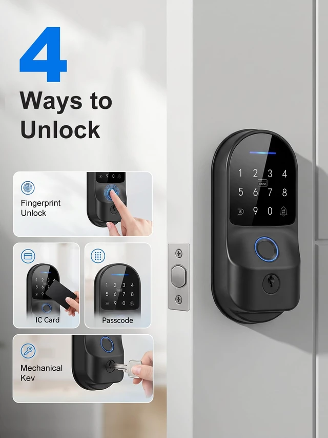 Alt view image 2 of 7 - Smart Lock with Built-in WiFi, Fingerprint Keyless Entry Door Lock with Keypad, Tuya App Remote Access, Temporary Passcodes, Auto Lock, IC Cards and Keys, No Hub Required, Black