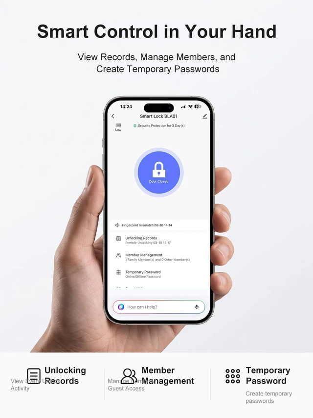 Alt view image 7 of 7 - Smart Lock with Built-in WiFi, Fingerprint Keyless Entry Door Lock with Keypad, Tuya App Remote Access, Temporary Passcodes, Auto Lock, IC Cards and Keys, No Hub Required, Black