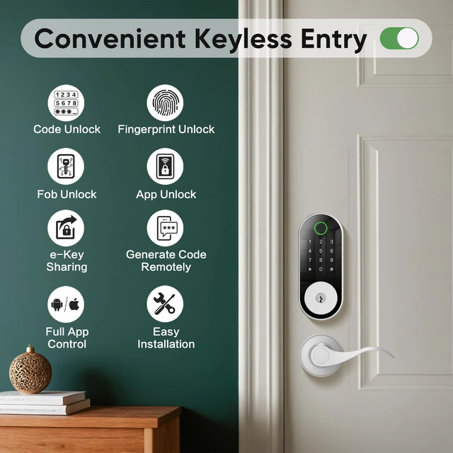 Alt view image 2 of 7 - Fingerprint Smart Door Lock Keypad Deadbolt Keyless Entry with Fingerprint, Code, FOB, App & Key, Remote Access for Home, Airbnb/Rental, Auto-Lock, Privacy Mode, Alexa/Google Compatible, DIY Install
