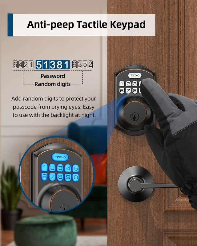 Alt view image 4 of 7 - TE001L Keyless Entry Door Lock with 2 Handles - Electronic Keypad Deadbolt with Door Lever, Front Door Handle Sets, Auto Lock, Easy Installation, Oil Rubbed Bronze