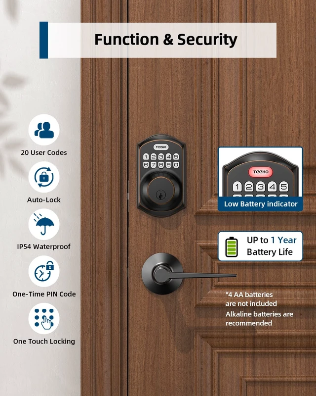 Alt view image 5 of 7 - TE001L Keyless Entry Door Lock with 2 Handles - Electronic Keypad Deadbolt with Door Lever, Front Door Handle Sets, Auto Lock, Easy Installation, Oil Rubbed Bronze