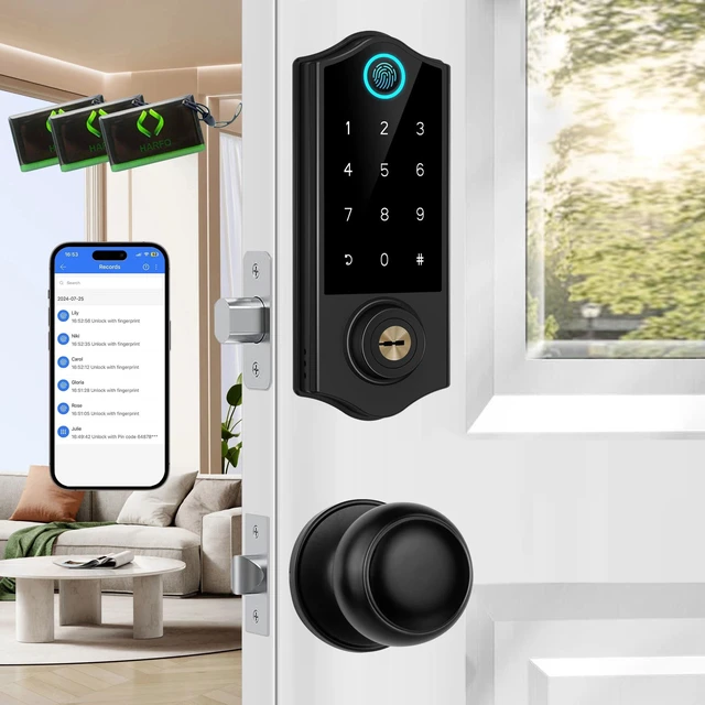 Main image of APP Fingerprint Smart Door Locks for Front Door with Handle Set | Keyless Entry Door Lock Keypad Deadbolt, Bluetooth Digital Electronic Touchscreen, Easy Install, Auto Lock, Black