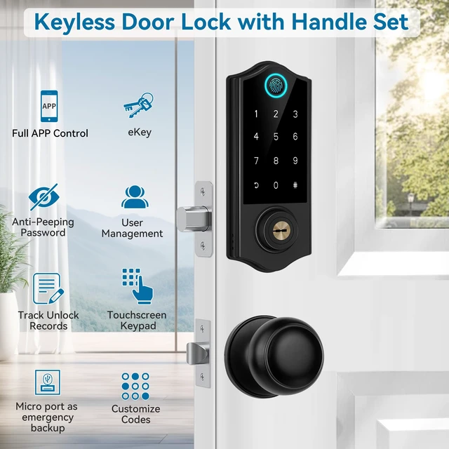Alt view image 3 of 7 - APP Fingerprint Smart Door Locks for Front Door with Handle Set | Keyless Entry Door Lock Keypad Deadbolt, Bluetooth Digital Electronic Touchscreen, Easy Install, Auto Lock, Black