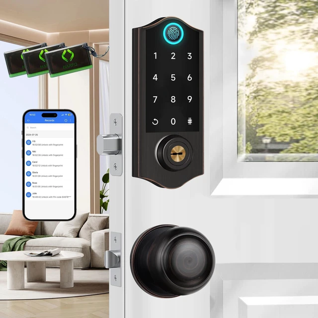 Main image of APP Fingerprint Smart Door Locks for Front Door with Handle Set | Keyless Entry Door Lock Keypad Deadbolt, Bluetooth Digital Electronic Touchscreen, Easy Install, Auto Lock, Aged Bronze