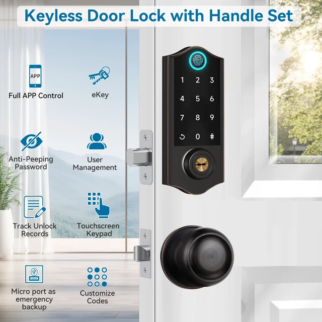 Alt view image 3 of 7 - APP Fingerprint Smart Door Locks for Front Door with Handle Set | Keyless Entry Door Lock Keypad Deadbolt, Bluetooth Digital Electronic Touchscreen, Easy Install, Auto Lock, Aged Bronze