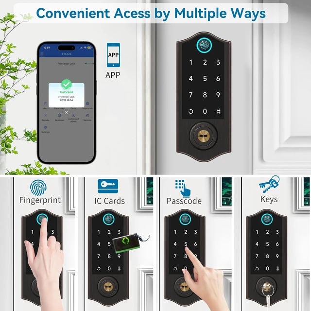 Alt view image 2 of 7 - APP Fingerprint Smart Door Locks for Front Door with Handle Set | Keyless Entry Door Lock Keypad Deadbolt, Bluetooth Digital Electronic Touchscreen, Easy Install, Auto Lock, Aged Bronze
