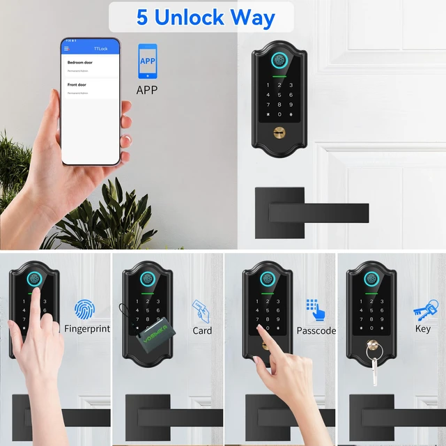 Alt view image 2 of 6 - Smart Fingerprint Door Lock with Keypad and Handle Keyless Entry Deadbolt for Front Door, App Control, Auto Lock, Local Security, Matte Black