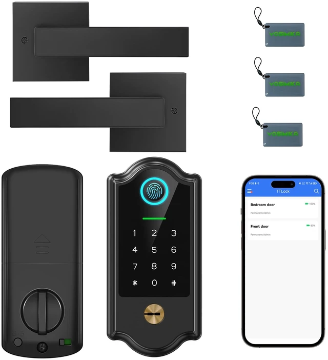 Main image of Smart Fingerprint Door Lock with Keypad and Handle Keyless Entry Deadbolt for Front Door, App Control, Auto Lock, Local Security, Matte Black