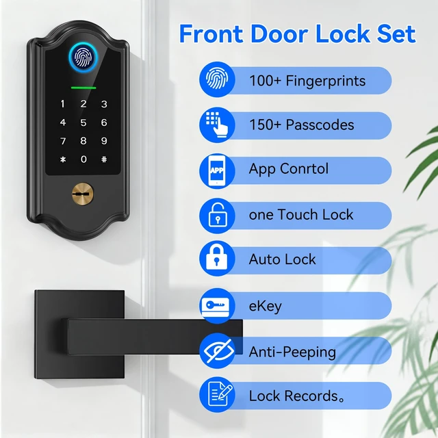 Alt view image 4 of 6 - Smart Fingerprint Door Lock with Keypad and Handle Keyless Entry Deadbolt for Front Door, App Control, Auto Lock, Local Security, Matte Black