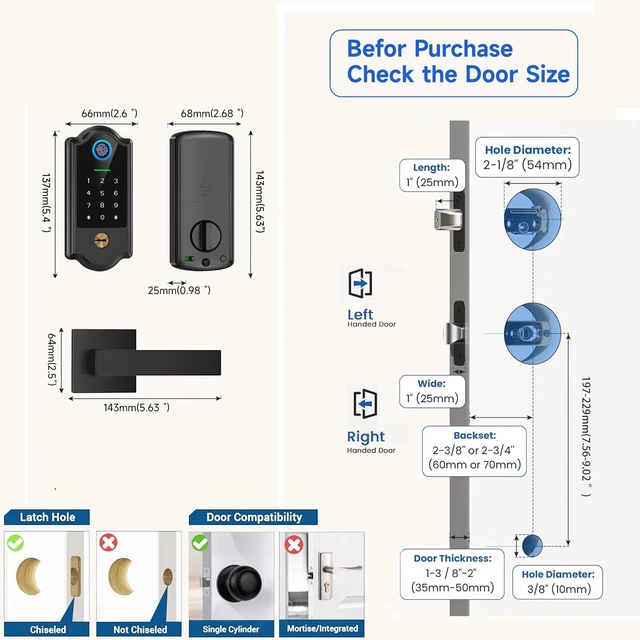 Alt view image 6 of 6 - Smart Fingerprint Door Lock with Keypad and Handle Keyless Entry Deadbolt for Front Door, App Control, Auto Lock, Local Security, Matte Black