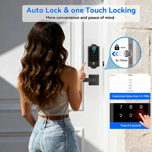 Alt view image 5 of 6 - Smart Fingerprint Door Lock with Keypad and Handle Keyless Entry Deadbolt for Front Door, App Control, Auto Lock, Local Security, Matte Black