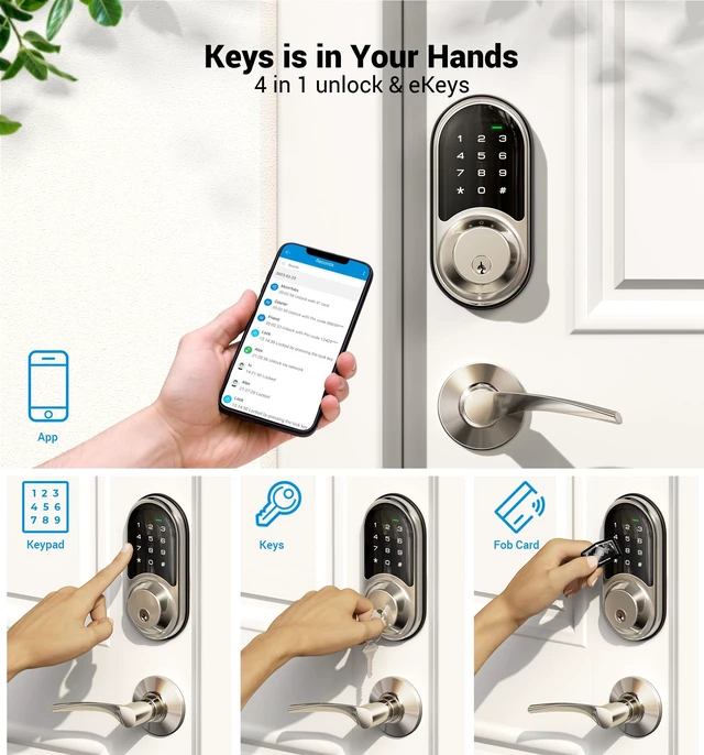 Alt view image 2 of 6 - RZ06B Smart Lock for Front Door with 2 Lever Handle Set, Satin Nickel | 5 in 1 Keyless Entry, Electronic Digital Touchscreen Deadbolt, App Control, 250+ Codes, Auto-Lock, BHMA Certified