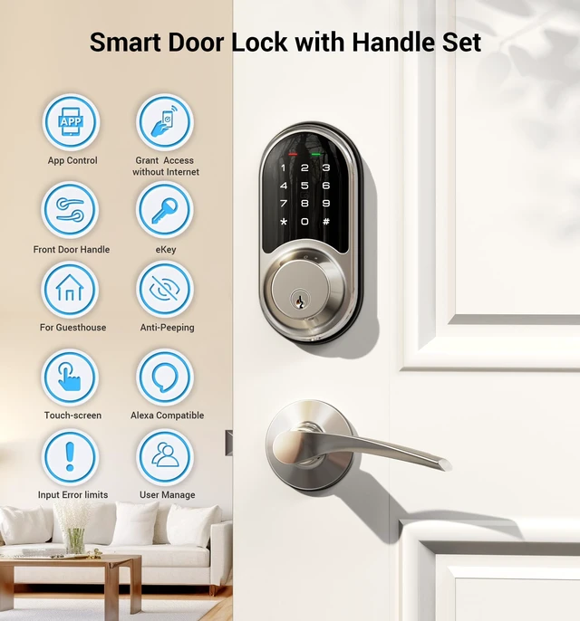 Alt view image 4 of 6 - RZ06B Smart Lock for Front Door with 2 Lever Handle Set, Satin Nickel | 5 in 1 Keyless Entry, Electronic Digital Touchscreen Deadbolt, App Control, 250+ Codes, Auto-Lock, BHMA Certified