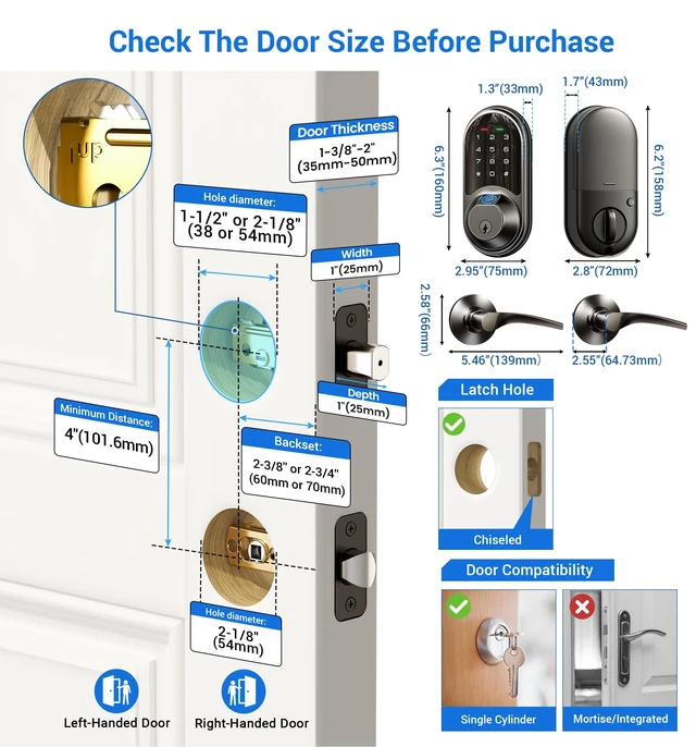 Alt view image 5 of 6 - RZ07B Fingerprint Smart Lock with 2 Lever Handle Set, Matte Black | App Control, Remote Access Sharing, Fob Access, Auto Lock, Touchscreen Keypad Deadbolt, for Front Door, Easy Installation