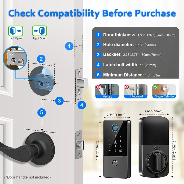 Alt view image 6 of 7 - Smart Door Lock Deadbolt, Keyless Entry Door Lock with Fingerprint & Keypad,App Control,Auto Lock,Secure Electronic Digital Lock for Front Door Home Apartment Rental,Easy Installation,Matte Black