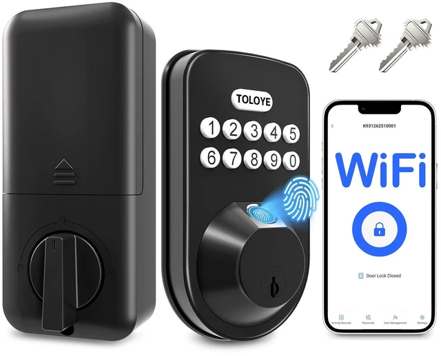 Main image of WiFi Keyless Entry Smart Lock Fingerprint Deadbolt for Front Door | Matte Black, AutoLock, App Remote Unlock, Low Battery Alert, Anti-Peep Tech, IP65 Waterproof, Easy Install, 2 Backup Keys