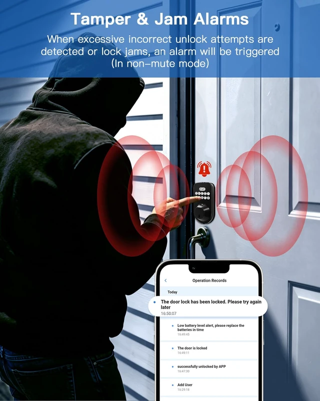 Alt view image 6 of 7 - WiFi Keyless Entry Smart Lock Fingerprint Deadbolt for Front Door | Matte Black, AutoLock, App Remote Unlock, Low Battery Alert, Anti-Peep Tech, IP65 Waterproof, Easy Install, 2 Backup Keys