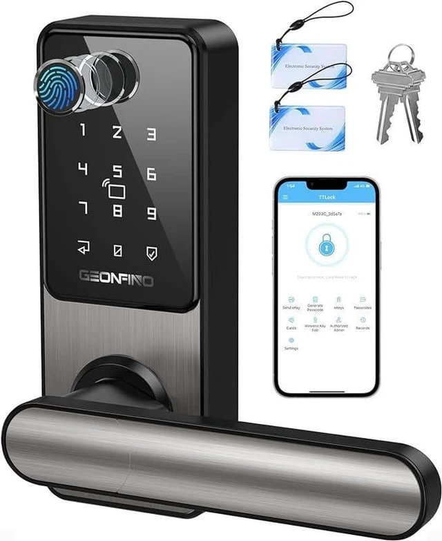 Main image of Smart Door Lock, Keyless Entry Door Lock with Handle | Black, Fingerprint Lock, Touchscreen keypad, App control, Smart Deadbolt for Home, Apartment