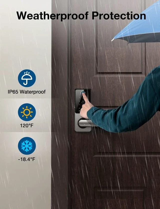 Alt view image 2 of 7 - Smart Door Lock, Keyless Entry Door Lock with Handle | Black, Fingerprint Lock, Touchscreen keypad, App control, Smart Deadbolt for Home, Apartment