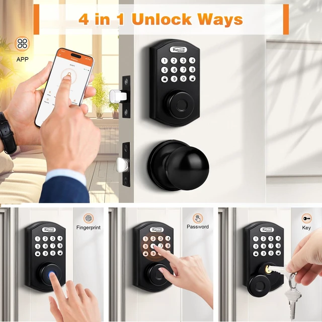 Alt view image 2 of 6 - Smart Fingerprint Door Lock, Black | Electronic Entry Door Lock Deadbolt with Knob Set, Door Knob with Smart Keypad Deadbolt Lock, Auto Lock, App