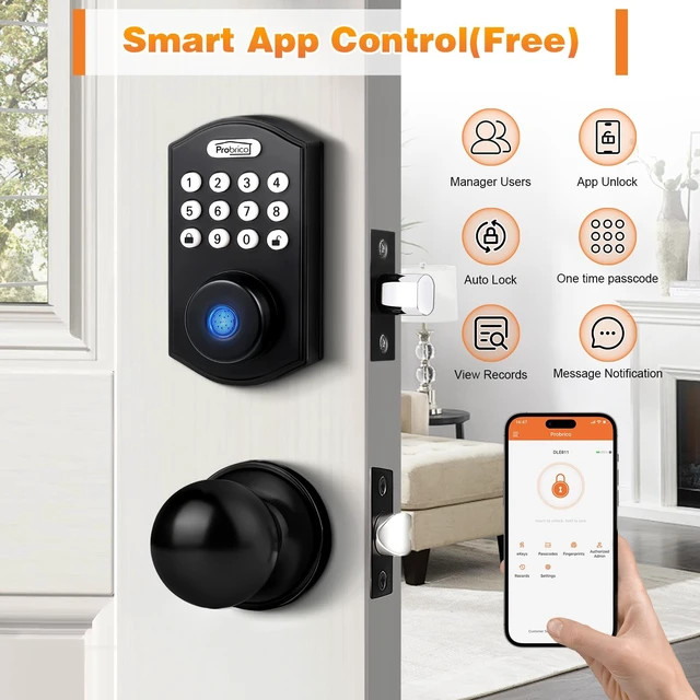Alt view image 4 of 6 - Smart Fingerprint Door Lock, Black | Electronic Entry Door Lock Deadbolt with Knob Set, Door Knob with Smart Keypad Deadbolt Lock, Auto Lock, App