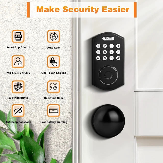 Alt view image 3 of 6 - Smart Fingerprint Door Lock, Black | Electronic Entry Door Lock Deadbolt with Knob Set, Door Knob with Smart Keypad Deadbolt Lock, Auto Lock, App