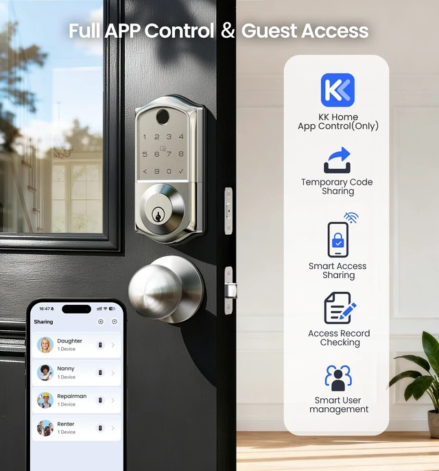 Alt view image 2 of 7 - VE017-K Fingerprint Smart Front Lock with Knob Set, APP, Satin Nickel | Remote Access Sharing, Fob Unlock, Touchscreen Keypad Deadbolt, Keyless Entry, Auto-Lock, Easy Install, Low Battery Alarm