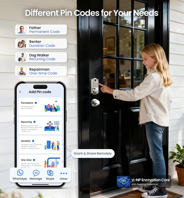 Alt view image 4 of 7 - VE017-K Fingerprint Smart Front Lock with Knob Set, APP, Satin Nickel | Remote Access Sharing, Fob Unlock, Touchscreen Keypad Deadbolt, Keyless Entry, Auto-Lock, Easy Install, Low Battery Alarm