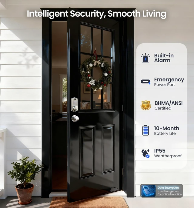 Alt view image 5 of 7 - VE017-K Fingerprint Smart Front Lock with Knob Set, APP, Satin Nickel | Remote Access Sharing, Fob Unlock, Touchscreen Keypad Deadbolt, Keyless Entry, Auto-Lock, Easy Install, Low Battery Alarm