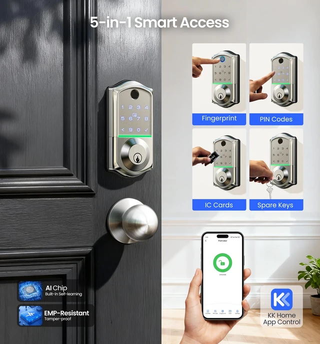 Alt view image 3 of 7 - VE017-K Fingerprint Smart Front Lock with Knob Set, APP, Satin Nickel | Remote Access Sharing, Fob Unlock, Touchscreen Keypad Deadbolt, Keyless Entry, Auto-Lock, Easy Install, Low Battery Alarm