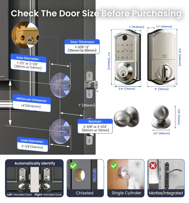 Alt view image 6 of 7 - VE017-K Fingerprint Smart Front Lock with Knob Set, APP, Satin Nickel | Remote Access Sharing, Fob Unlock, Touchscreen Keypad Deadbolt, Keyless Entry, Auto-Lock, Easy Install, Low Battery Alarm