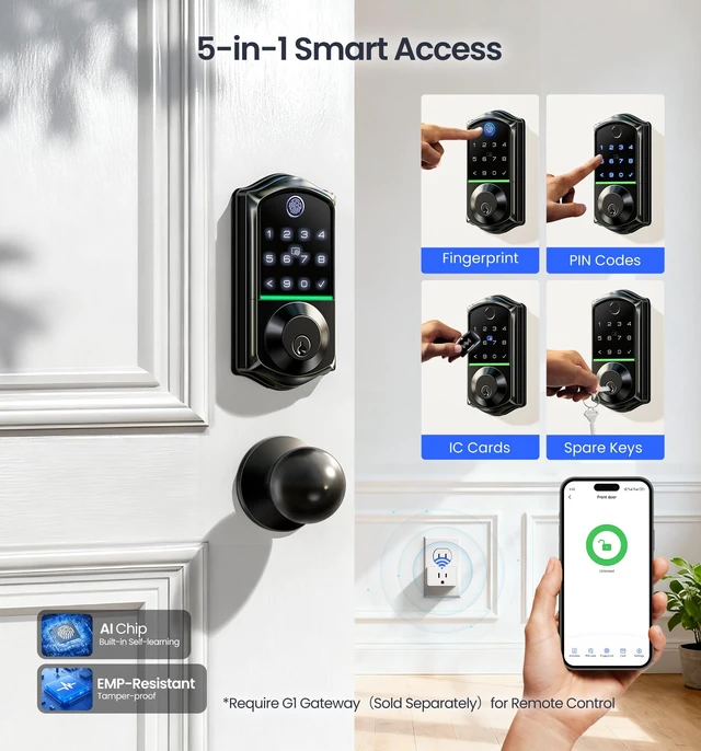 Alt view image 3 of 7 - VE017-K Fingerprint Smart Front Lock with Knob Set, APP, Matte Black | Remote Access Sharing, Fob Unlock, Touchscreen Keypad Deadbolt, Keyless Entry, Auto-Lock, Easy Install, Low Battery Alarm