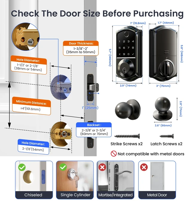 Alt view image 6 of 7 - VE017-K Fingerprint Smart Front Lock with Knob Set, APP, Matte Black | Remote Access Sharing, Fob Unlock, Touchscreen Keypad Deadbolt, Keyless Entry, Auto-Lock, Easy Install, Low Battery Alarm