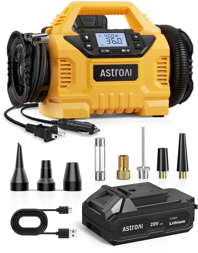 Main image of MC3 Tire Inflator Portable Air Compressor, 3 Power Sources:Cordless/110V AC/12V DC, 160PSI Fast Inflation Air Pump with Dual Motors, Auto Shut-off for Cars,SUVs, Air Mattress Inflator/Deflator