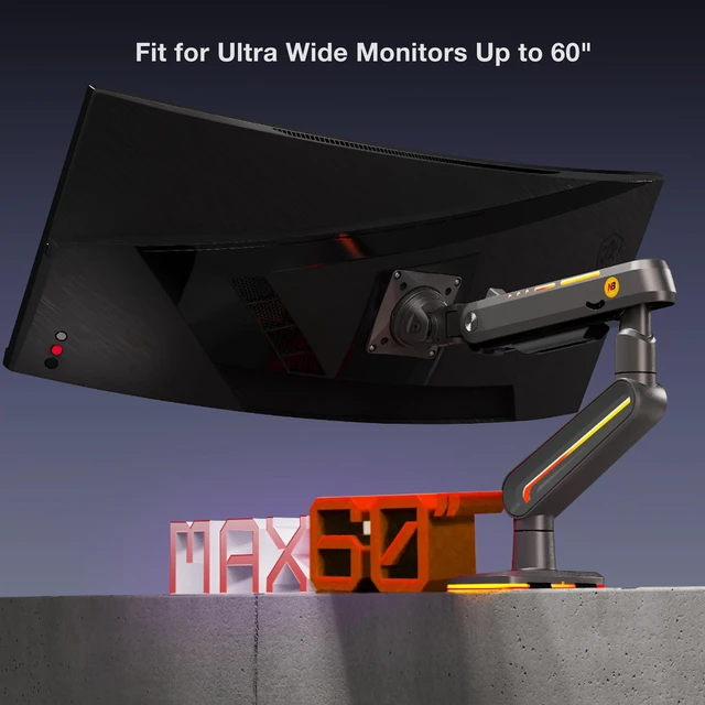 Alt view image 4 of 6 - Gaming Monitor Arm for 32 to 60 Inches Screen, Load up to 20 kg, VESA 75/100, RGB-Light, Heavy Duty, Multi Angle Adjustable, Premium Aluminum, Long Arm Extension Grey Black