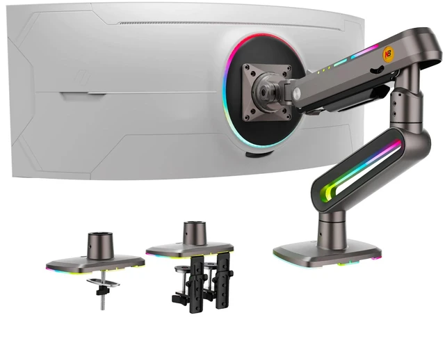 Main image of Gaming Monitor Arm for 32 to 60 Inches Screen, Load up to 20 kg, VESA 75/100, RGB-Light, Heavy Duty, Multi Angle Adjustable, Premium Aluminum, Long Arm Extension Grey Black