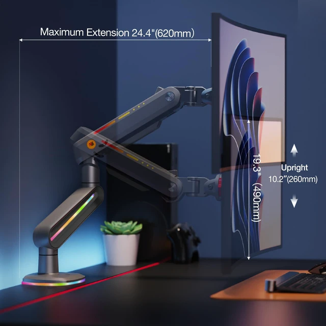 Alt view image 5 of 6 - Gaming Monitor Arm for 32 to 60 Inches Screen, Load up to 20 kg, VESA 75/100, RGB-Light, Heavy Duty, Multi Angle Adjustable, Premium Aluminum, Long Arm Extension Grey Black