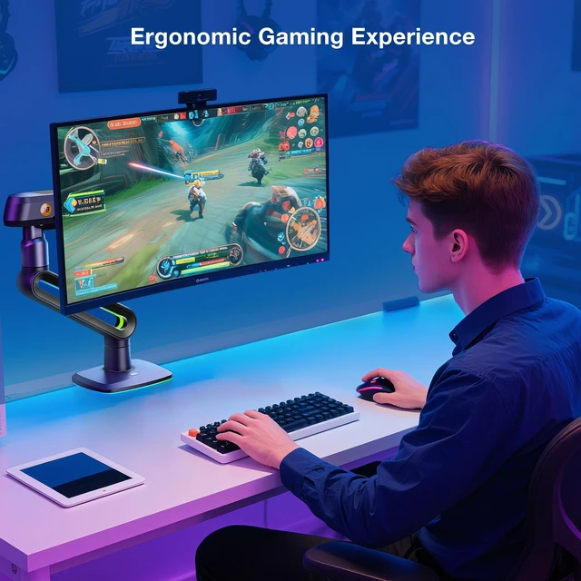 Alt view image 6 of 6 - Gaming Monitor Arm for 32 to 60 Inches Screen, Load up to 20 kg, VESA 75/100, RGB-Light, Heavy Duty, Multi Angle Adjustable, Premium Aluminum, Long Arm Extension Grey Black