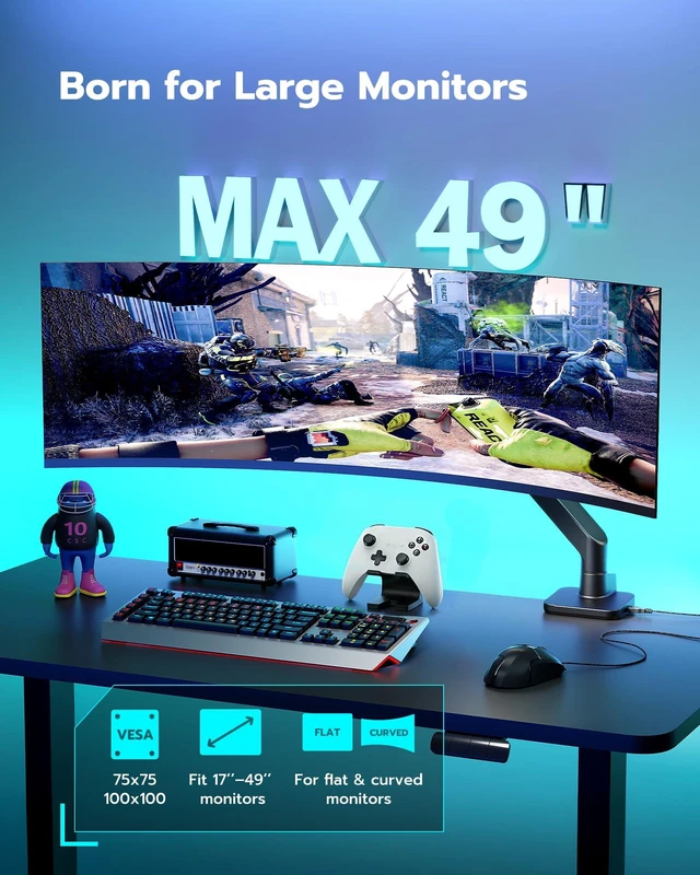 Alt view image 3 of 7 - Ultrawide Monitor Desk Arm with USB A/C for 17 to 49 Inch Screen | Pro Gas Spring, Full Range of Motion, for 75/100 Vesa Mount, for Samsung, LG Curved/Flat Monitor, Easy Install, Hold 44lbs