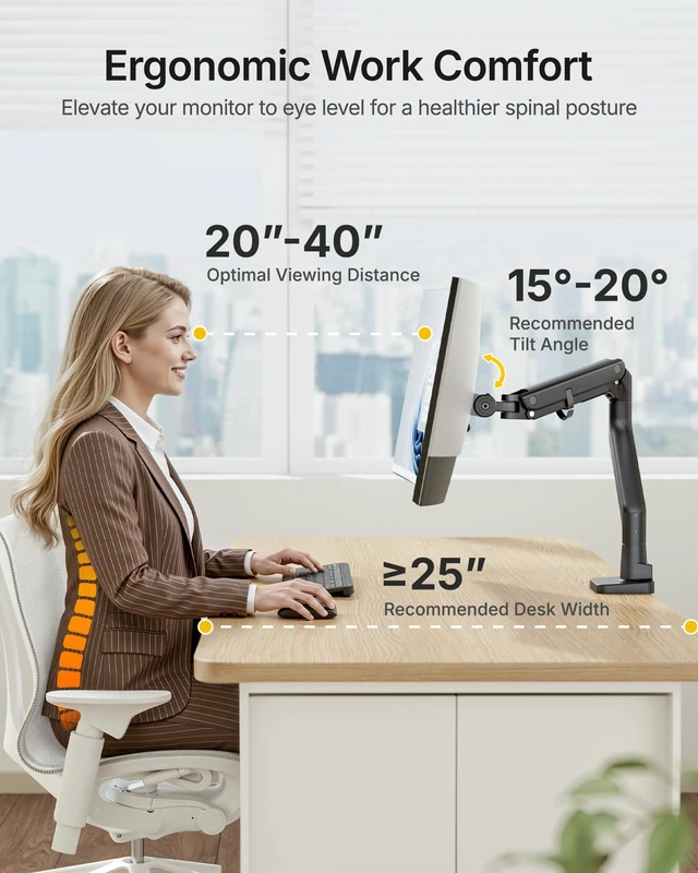 Alt view image 3 of 7 - Heavy Duty Monitor Arm, 17-57" Ultrawide, Gas Spring, 59.4 lbsBlack | Desk Monitor Mount Holds 49" 57" Ultrawide Curved Screen Up to 59.4 lbs with No Sag,Clamp & Grommet Arm,75/100 VESA