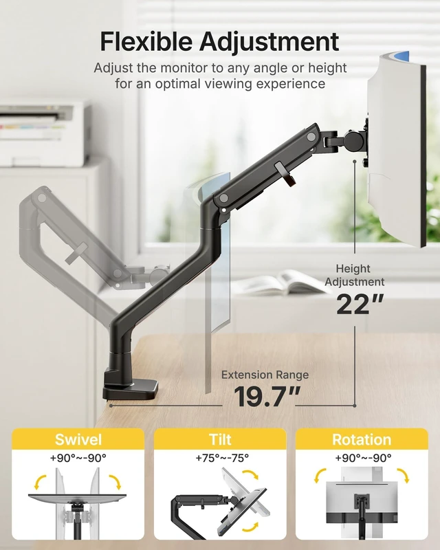 Alt view image 4 of 7 - Heavy Duty Monitor Arm, 17-57" Ultrawide, Gas Spring, 59.4 lbsBlack | Desk Monitor Mount Holds 49" 57" Ultrawide Curved Screen Up to 59.4 lbs with No Sag,Clamp & Grommet Arm,75/100 VESA