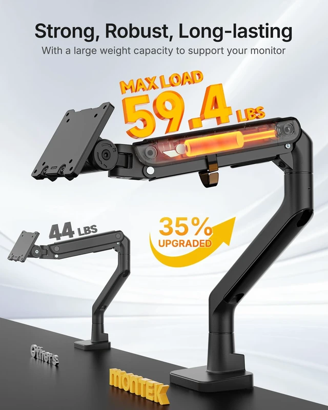 Alt view image 6 of 7 - Heavy Duty Monitor Arm, 17-57" Ultrawide, Gas Spring, 59.4 lbsBlack | Desk Monitor Mount Holds 49" 57" Ultrawide Curved Screen Up to 59.4 lbs with No Sag,Clamp & Grommet Arm,75/100 VESA