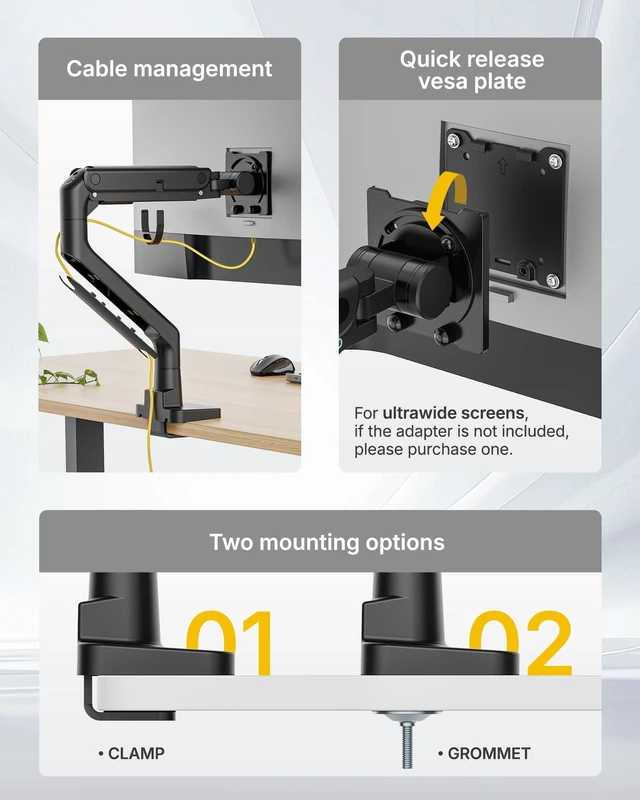 Alt view image 7 of 7 - Heavy Duty Monitor Arm, 17-57" Ultrawide, Gas Spring, 59.4 lbsBlack | Desk Monitor Mount Holds 49" 57" Ultrawide Curved Screen Up to 59.4 lbs with No Sag,Clamp & Grommet Arm,75/100 VESA