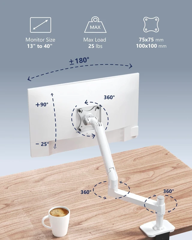 Alt view image 2 of 7 - Heavy Duty Single Monitor Arm, Mechanical Spring Desk Mount for 13-40 Inch Ultrawide Screens, Holds up to 25lbs, High-Grade Aluminum VESA Mount with C-Clamp & Grommet Base, No-Droop, White