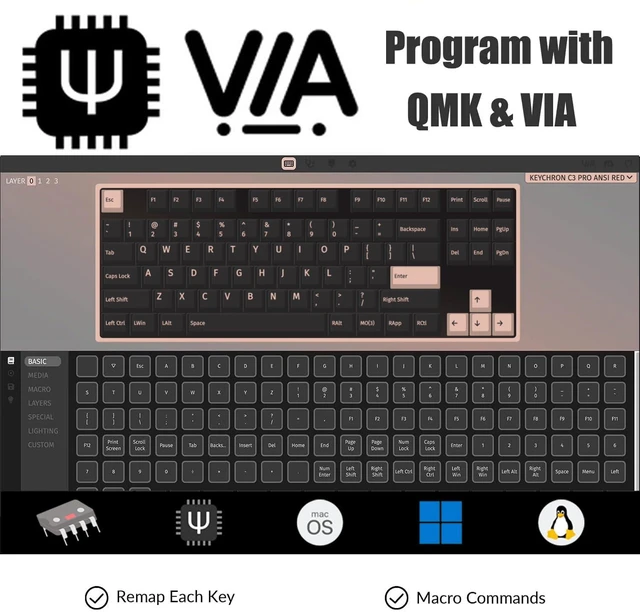 Alt view image 4 of 7 - C3 Pro QMK/VIA Custom Gaming Keyboard, Programmable 87 Keys Compact TKL Layout Gasket Mount, Red LED Backlight Wired Mechanical Keyboard with Brown Switches for Mac/Windows/Linux