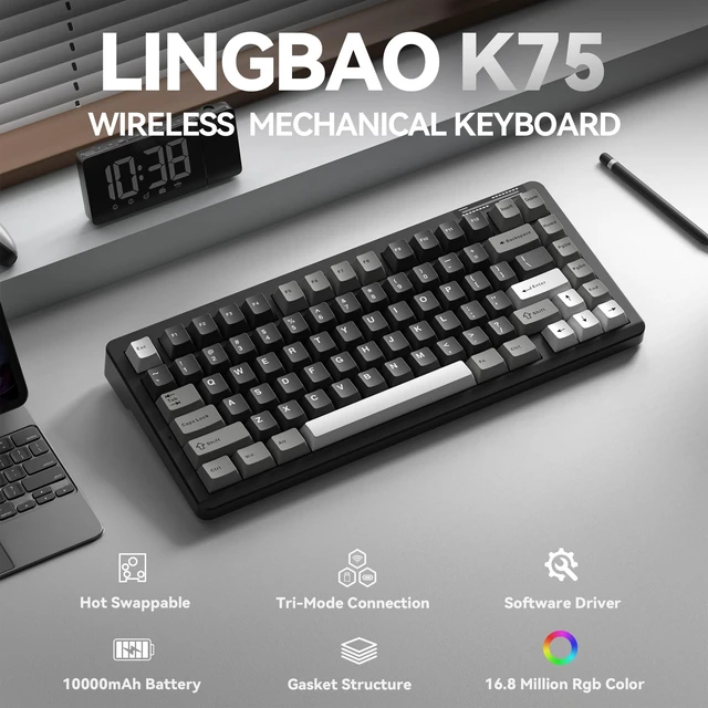 Alt view image 2 of 7 - LINGBAO K75 Wireless Mechanical Gaming Keyboard 75%, 10000mAh Battery | Tri-Mode Wireless Gaming Keyboard, Rechargeable Mechanical Keyboard, RGB Gasket Hot-Swappable Creamy Switch, Custom Driver